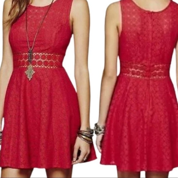 Free People Tibetian Red Daisy Lace Cutout Fit & Flare Skater Dress Taylor Swift - Picture 3 of 16